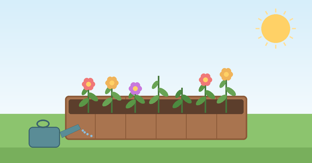 Illustration of a raised garden bed full of flowering plants in the sun, with a watering can beside it