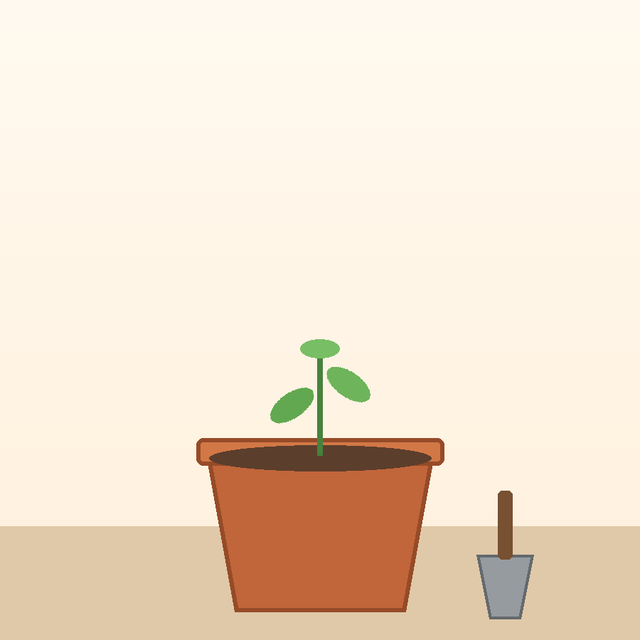 Illustration of a terracotta pot with soil and a small seedling, with a trowel resting beside it