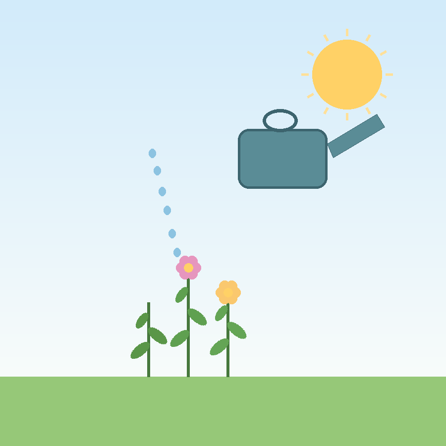 Illustration of a watering can pouring water onto young flowering plants under a bright sun